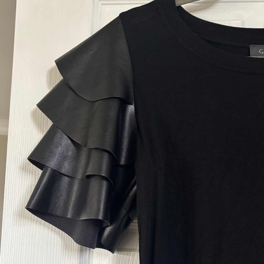 Gracia Black Blouse with Layered faux leather Sleeves - Picture 3 of 4